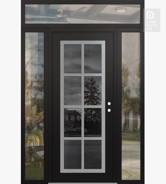 Modern Steel Front Door Diamond C16 64" x 96" black/black mirrored Glass Panel stainless steel LHI with 2 Sidelites and Transom clear Glass