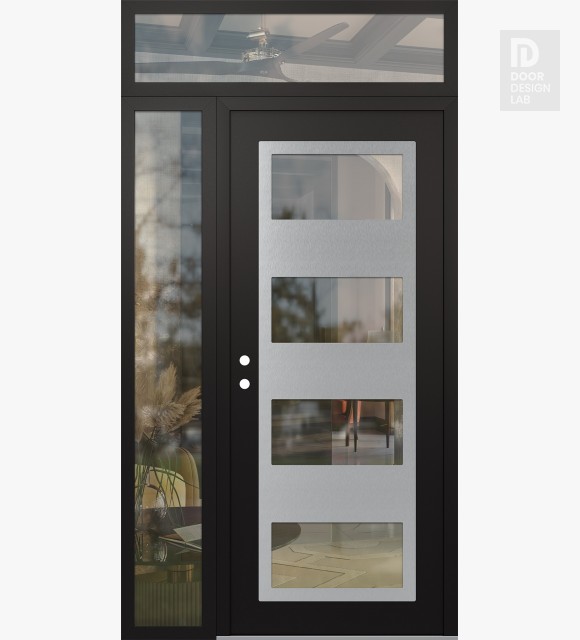 Modern Steel Front Door Diamond C2 48" x 96" black/black clear Glass Panel stainless steel RHI with Sidelite and Transom clear Glass