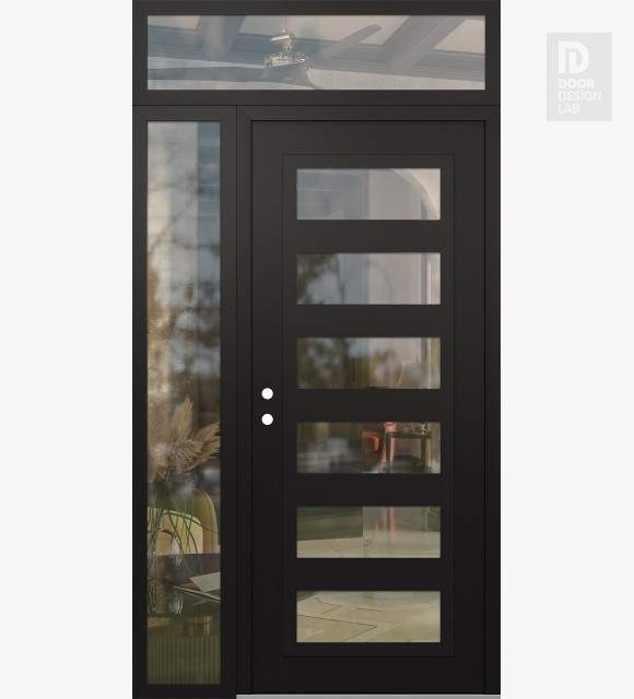 Modern Steel Front Door Diamond C9 52" x 96" black/black clear Glass Panel black RHI with Sidelite and Transom clear Glass