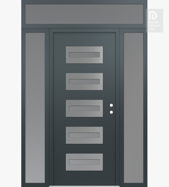 Modern Steel Front Door Diamond D4 64" x 96" anthracite/anthracite frosted Glass Panel stainless steel LHI with 2 Sidelites and Transom frosted Glass