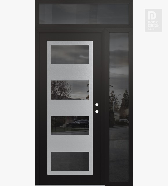 Modern Steel Front Door Diamond C2 50" x 96" black/black mirrored Glass Panel stainless steel LHI with Sidelite and Transom mirrored Glass