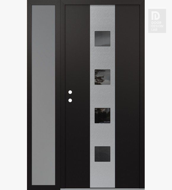 Modern Steel Front Door DIAMOND A12 48" X 80" BLACK/BLACK MIRRORED GLASS PANEL STAINLESS STEEL RHI WITH SIDELITE FROSTED GLASS