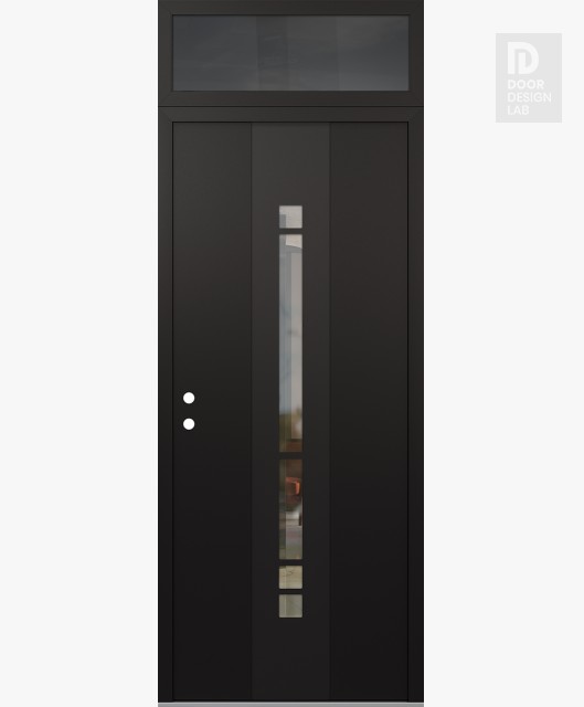 Modern Steel Front Door DIAMOND A3 36" X 96" BLACK/BLACK CLEAR GLASS PANEL BLACK RHI WITH TRANSOM MIRRORED GLASS