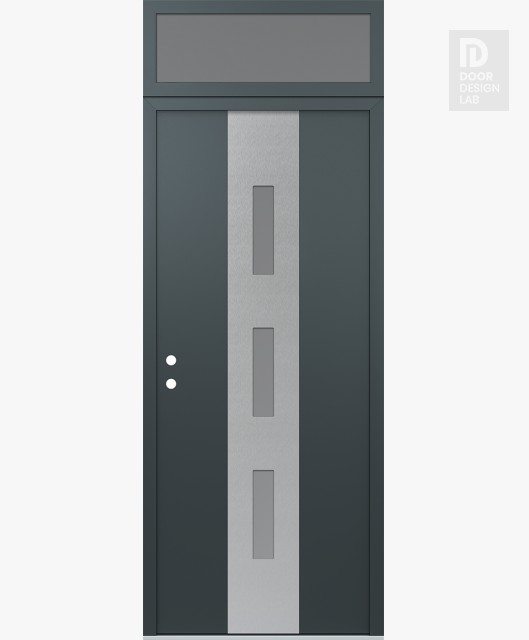 Modern Steel Front Door DIAMOND A7 36" X 96" ANTHRACITE/ANTHRACITE FROSTED GLASS PANEL STAINLESS STEEL RHI WITH TRANSOM FROSTED GLASS