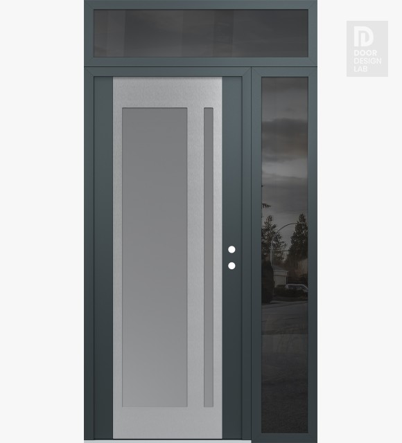 Modern Steel Front Door Diamond C15 52" x 96" anthracite/anthracite frosted Glass Panel stainless steel LHI with Sidelite and Transom mirrored Glass