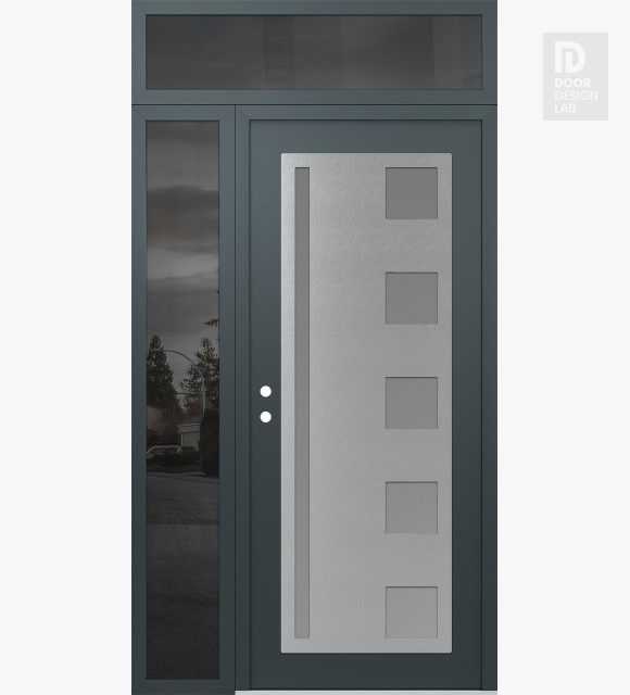 Modern Steel Front Door Diamond C3 48" x 96" anthracite/anthracite frosted Glass Panel stainless steel RHI with Sidelite and Transom mirrored Glass