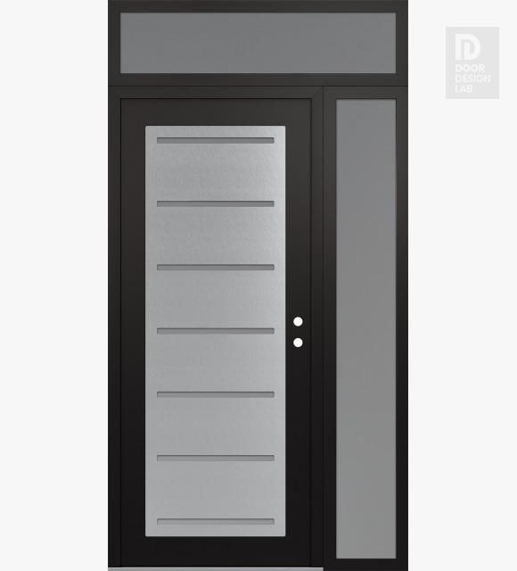 Modern Steel Front Door Diamond C11 48" x 96" black/white frosted Glass Panel stainless steel LHI with Sidelite and Transom frosted Glass