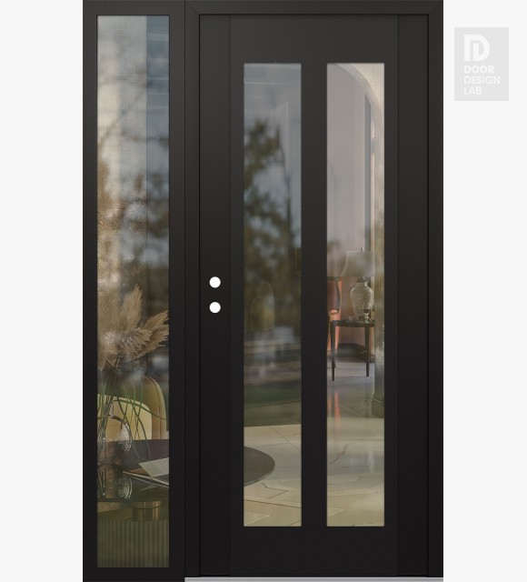 Modern Steel Front Door Diamond C14 48" x 80" black/black clear Glass Panel black RHI with Sidelite clear Glass