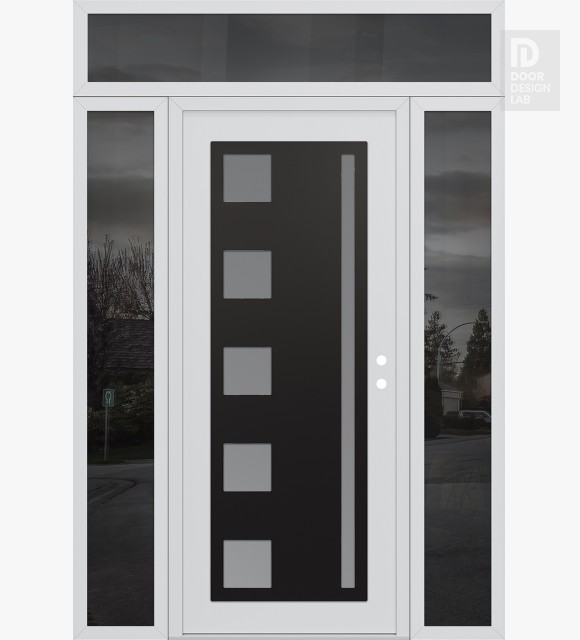 Modern Steel Front Door Diamond C3 68" x 96" white/white frosted Glass Panel black LHI with 2 Sidelites and Transom mirrored Glass