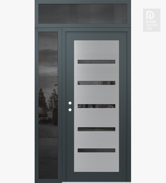 Modern Steel Front Door Diamond C7 50" x 96" anthracite/anthracite mirrored Glass Panel stainless steel RHI with Sidelite and Transom mirrored Glass