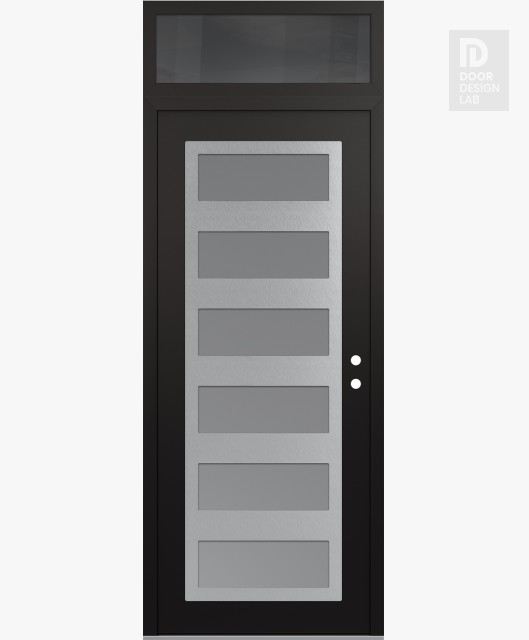 Modern Steel Front Door Diamond C9 36" x 96" black/white frosted Glass Panel stainless steel LHI with Transom mirrored Glass