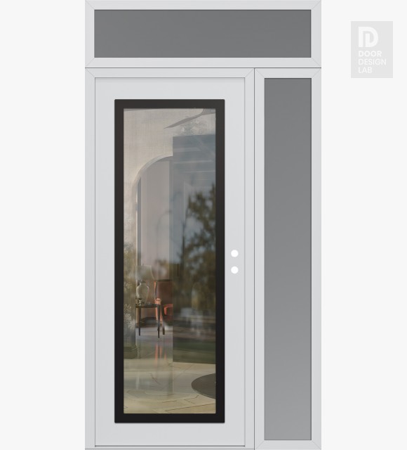 Modern Steel Front Door Diamond C1 50" x 96" white/white clear Glass Panel black LHI with Sidelite and Transom frosted Glass