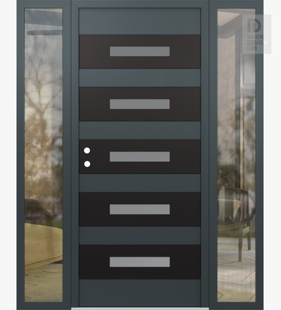 Modern Steel Front Door Diamond D9 68" x 80" anthracite/anthracite frosted Glass Panel black RHI with 2 Sidelites clear Glass