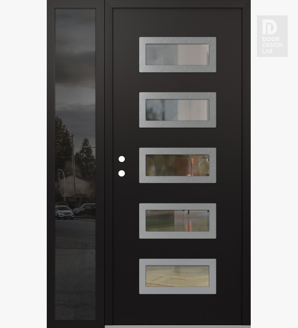 Modern Steel Front Door Diamond D1 50" x 80" black/black clear Glass Panel stainless steel RHI with Sidelite mirrored Glass