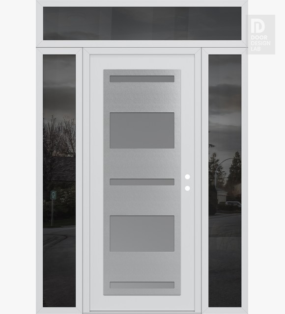 Modern Steel Front Door Diamond C10 68" x 96" white/white frosted Glass Panel stainless steel LHI with 2 Sidelites and Transom mirrored Glass