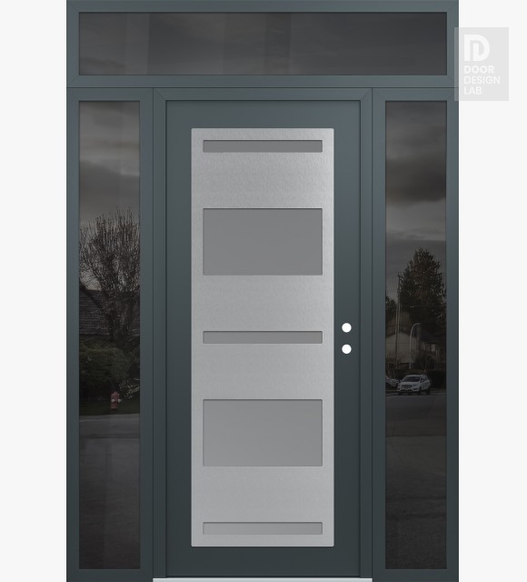 Modern Steel Front Door Diamond C10 60" x 96" anthracite/anthracite frosted Glass Panel stainless steel LHI with 2 Sidelites and Transom mirrored Glass