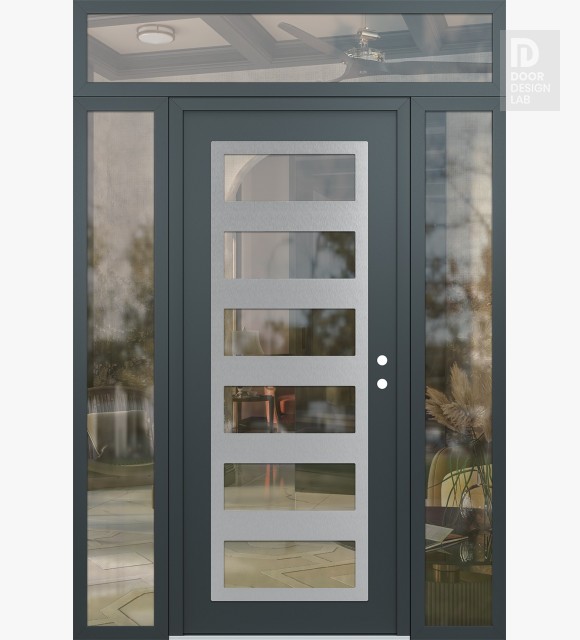 Modern Steel Front Door Diamond C9 60" x 96" anthracite/anthracite clear Glass Panel stainless steel LHI with 2 Sidelites and Transom clear Glass
