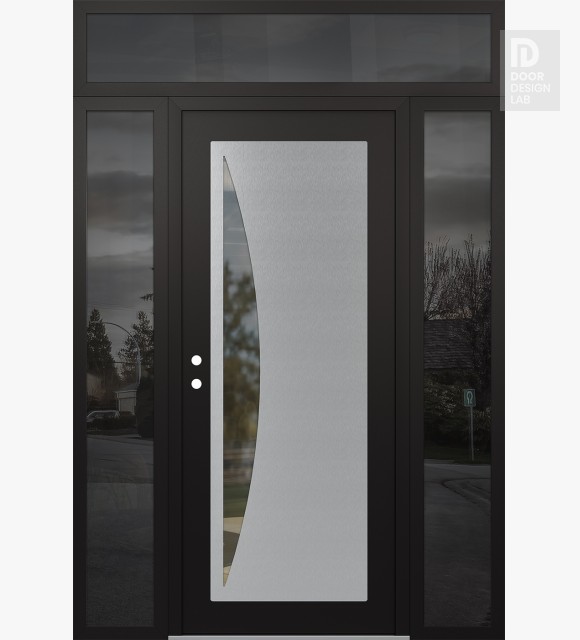 Modern Steel Front Door Diamond C13 68" x 96" black/black clear Glass Panel stainless steel RHI with 2 Sidelites and Transom mirrored Glass