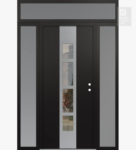 Modern Steel Front Door DIAMOND A10 60" X 96" BLACK/BLACK CLEAR GLASS PANEL STAINLESS STEEL LHI WITH 2 SIDELITES AND TRANSOM FROSTED GLASS
