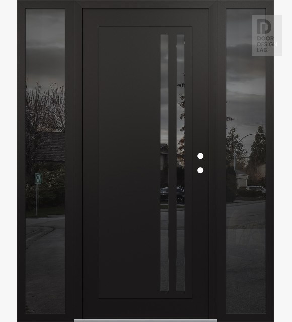 Modern Steel Front Door Diamond C6 60" x 80" black/black mirrored Glass Panel black LHI with 2 Sidelites mirrored Glass