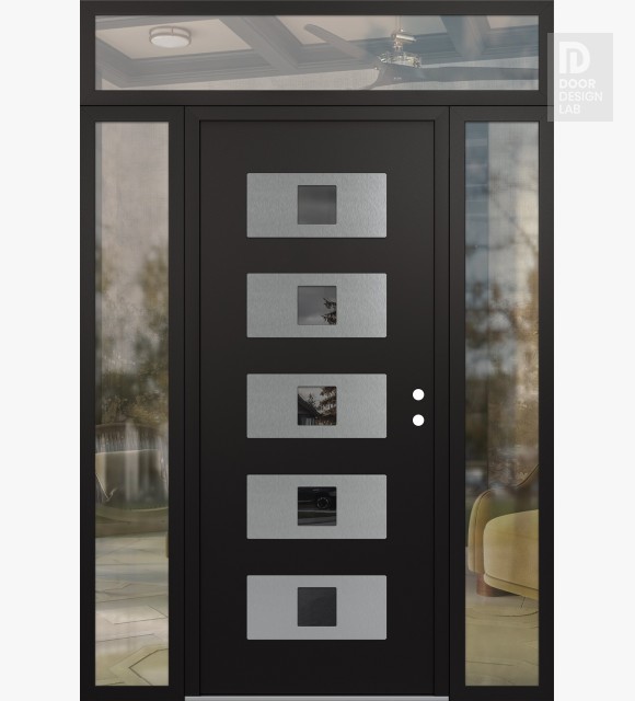 Modern Steel Front Door Diamond D8 60" x 96" black/black mirrored Glass Panel stainless steel LHI with 2 Sidelites and Transom clear Glass