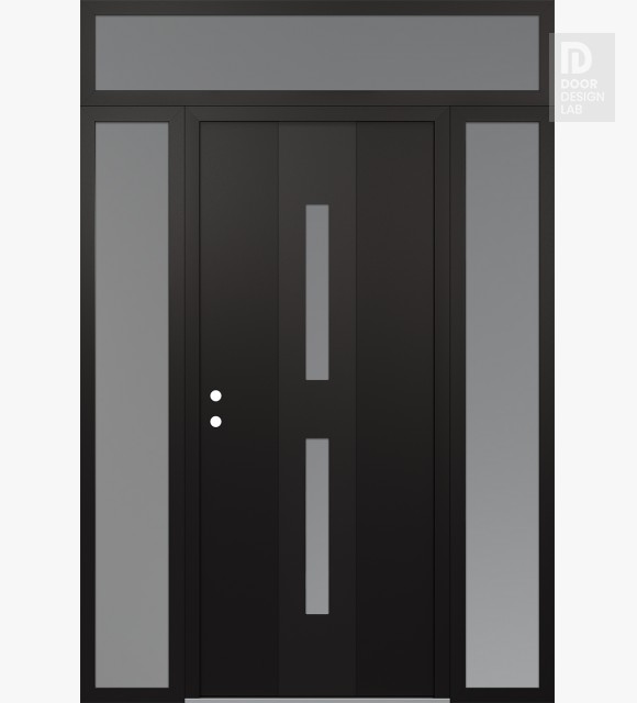 Modern Steel Front Door DIAMOND A6 68" X 96" BLACK/WHITE FROSTED GLASS PANEL BLACK RHI WITH 2 SIDELITES AND TRANSOM FROSTED GLASS