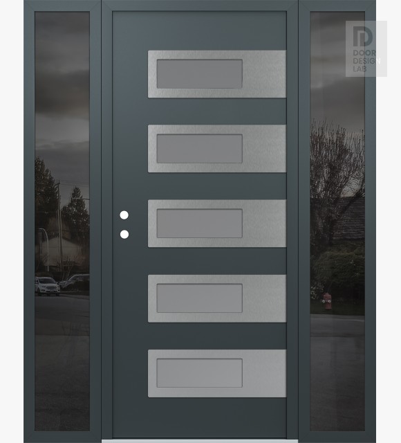 Modern Steel Front Door Diamond D3 64" x 80" anthracite/anthracite frosted Glass Panel stainless steel RHI with 2 Sidelites mirrored Glass