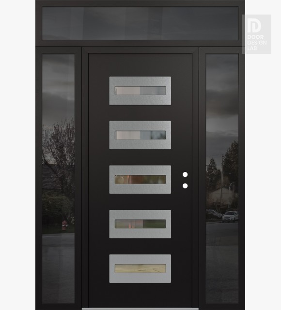 Modern Steel Front Door Diamond D4 68" x 96" black/black clear Glass Panel stainless steel LHI with 2 Sidelites and Transom mirrored Glass