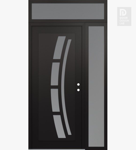 Modern Steel Front Door Diamond C12 48" x 96" black/white frosted Glass Panel black LHI with Sidelite and Transom frosted Glass