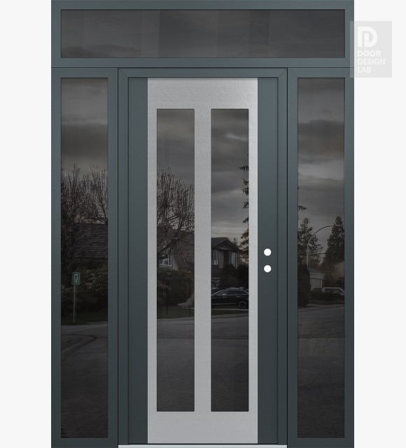 Modern Steel Front Door Diamond C14 68" x 96" anthracite/anthracite mirrored Glass Panel stainless steel LHI with 2 Sidelites and Transom mirrored Glass
