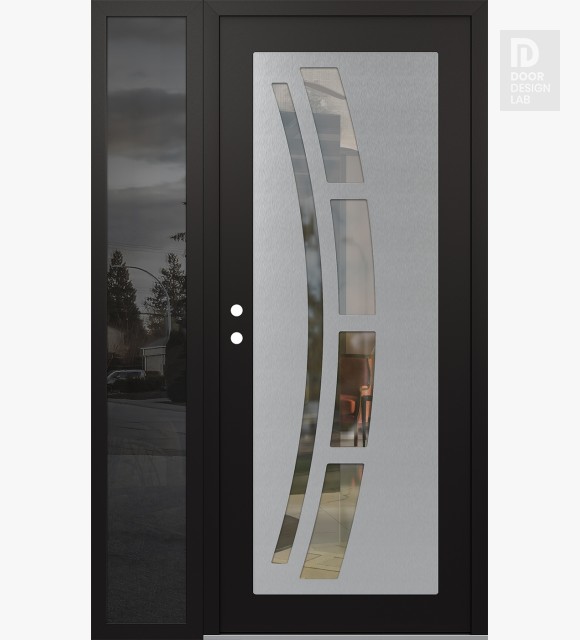 Modern Steel Front Door Diamond C12 52" x 80" black/black clear Glass Panel stainless steel RHI with Sidelite mirrored Glass