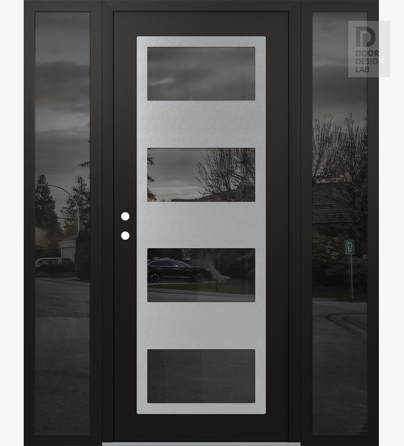 Modern Steel Front Door Diamond C2 64" x 80" black/black mirrored Glass Panel stainless steel RHI with 2 Sidelites mirrored Glass