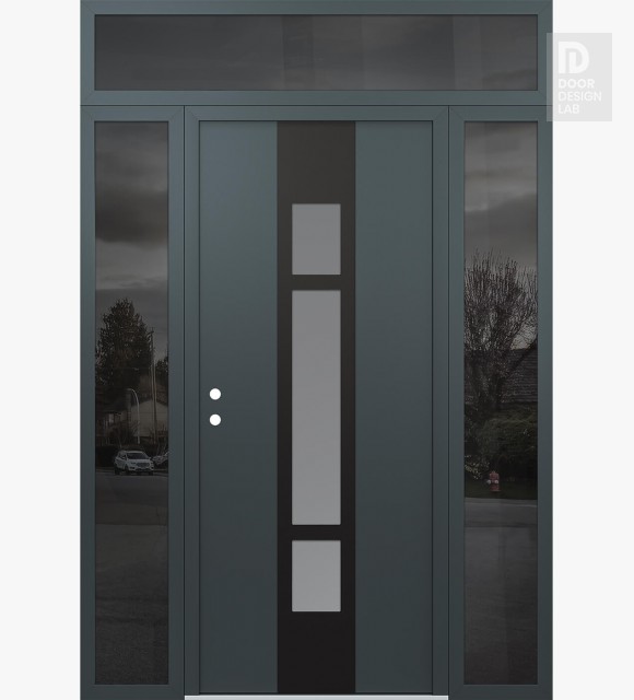 Modern Steel Front Door DIAMOND A9 68" X 96" ANTHRACITE/ANTHRACITE FROSTED GLASS PANEL BLACK RHI WITH 2 SIDELITES AND TRANSOM MIRRORED GLASS