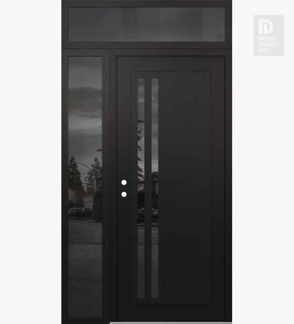 Modern Steel Front Door Diamond C6 52" x 96" black/black mirrored Glass Panel black RHI with Sidelite and Transom mirrored Glass