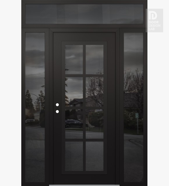 Modern Steel Front Door Diamond C16 64" x 96" black/black mirrored Glass Panel black RHI with 2 Sidelites and Transom mirrored Glass