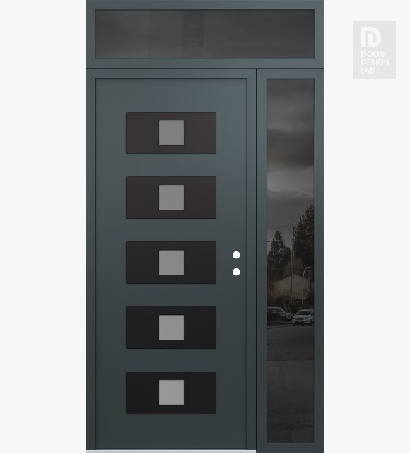 Modern Steel Front Door Diamond D8 48" x 96" anthracite/anthracite frosted Glass Panel black LHI with Sidelite and Transom mirrored Glass