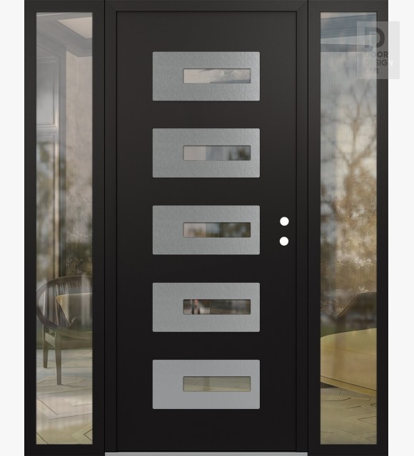 Modern Steel Front Door Diamond D6 64" x 80" black/black clear Glass Panel stainless steel LHI with 2 Sidelites clear Glass