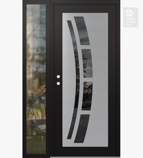 Modern Steel Front Door Diamond C12 52" x 80" black/black mirrored Glass Panel stainless steel RHI with Sidelite clear Glass