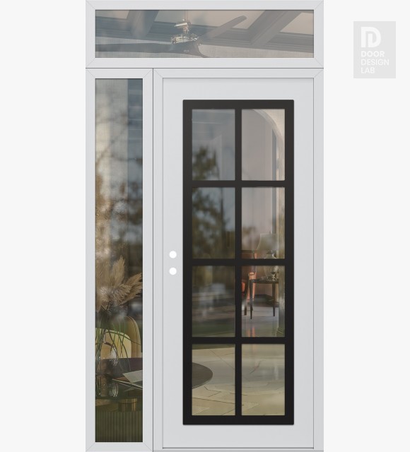 Modern Steel Front Door Diamond C16 48" x 96" white/white clear Glass Panel black RHI with Sidelite and Transom clear Glass