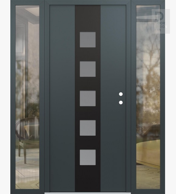 Modern Steel Front Door DIAMOND A13 60" X 80" ANTHRACITE/ANTHRACITE FROSTED GLASS PANEL BLACK LHI WITH 2 SIDELITES CLEAR GLASS