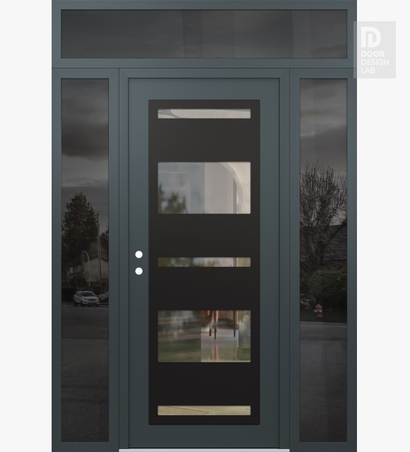 Modern Steel Front Door Diamond C10 64" x 96" anthracite/anthracite clear Glass Panel black RHI with 2 Sidelites and Transom mirrored Glass