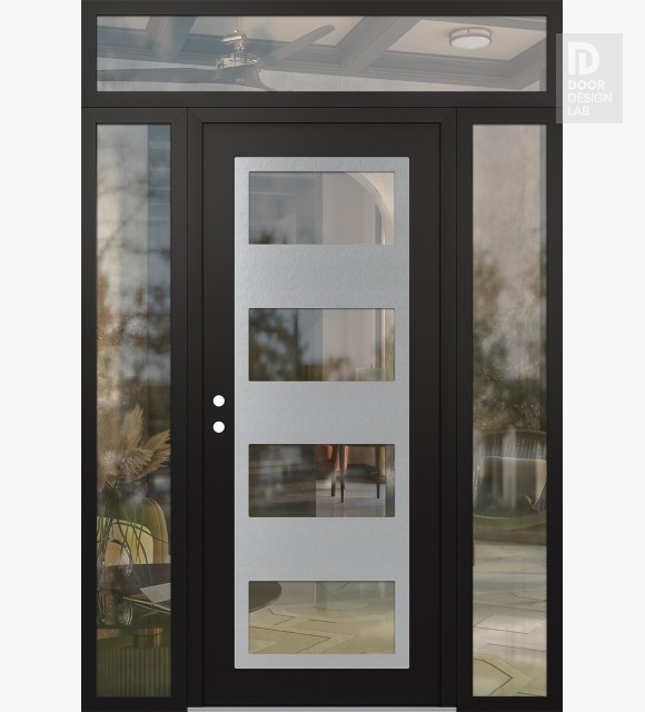 Modern Steel Front Door Diamond C2 64" x 96" black/black clear Glass Panel stainless steel RHI with 2 Sidelites and Transom clear Glass
