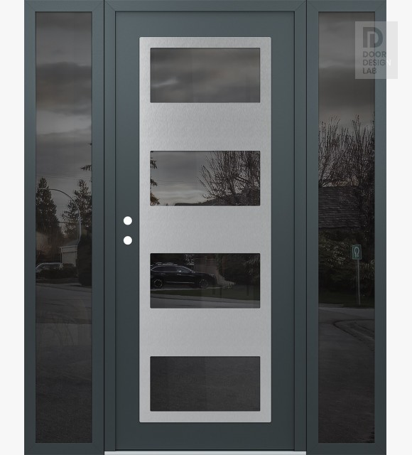 Modern Steel Front Door Diamond C2 68" x 80" anthracite/anthracite mirrored Glass Panel stainless steel RHI with 2 Sidelites mirrored Glass