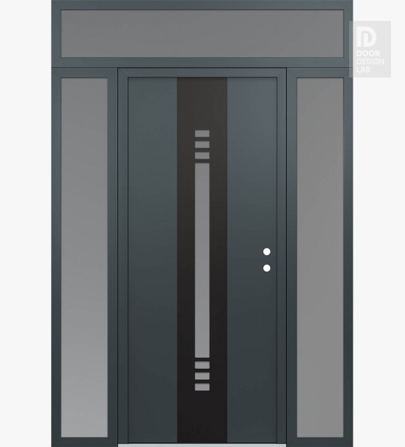 Modern Steel Front Door DIAMOND A5 64" X 96" ANTHRACITE/ANTHRACITE FROSTED GLASS PANEL BLACK LHI WITH 2 SIDELITES AND TRANSOM FROSTED GLASS