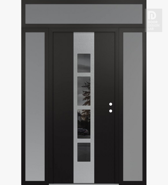 Modern Steel Front Door DIAMOND A10 64" X 96" BLACK/BLACK MIRRORED GLASS PANEL STAINLESS STEEL LHI WITH 2 SIDELITES AND TRANSOM FROSTED GLASS