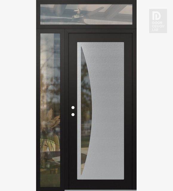 Modern Steel Front Door Diamond C13 50" x 96" black/black clear Glass Panel stainless steel RHI with Sidelite and Transom clear Glass