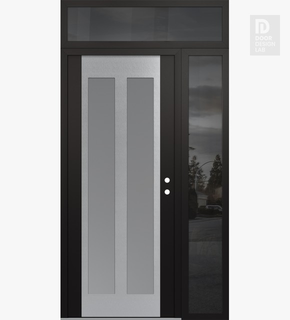 Modern Steel Front Door Diamond C14 50" x 96" black/white frosted Glass Panel stainless steel LHI with Sidelite and Transom mirrored Glass