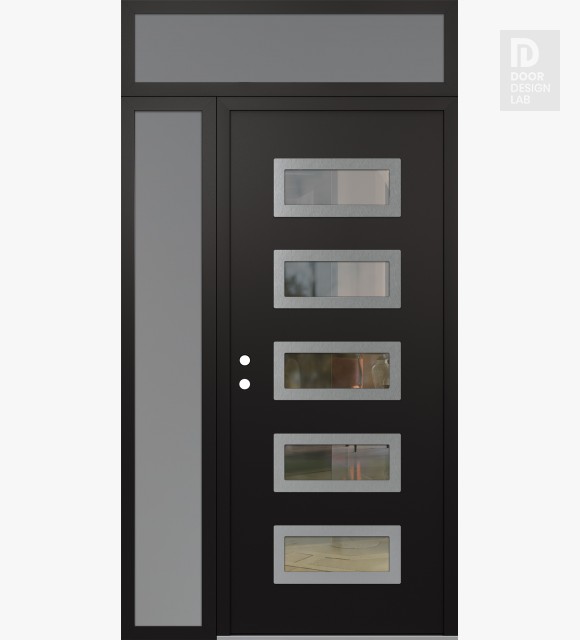 Modern Steel Front Door Diamond D1 50" x 96" black/black clear Glass Panel stainless steel RHI with Sidelite and Transom frosted Glass