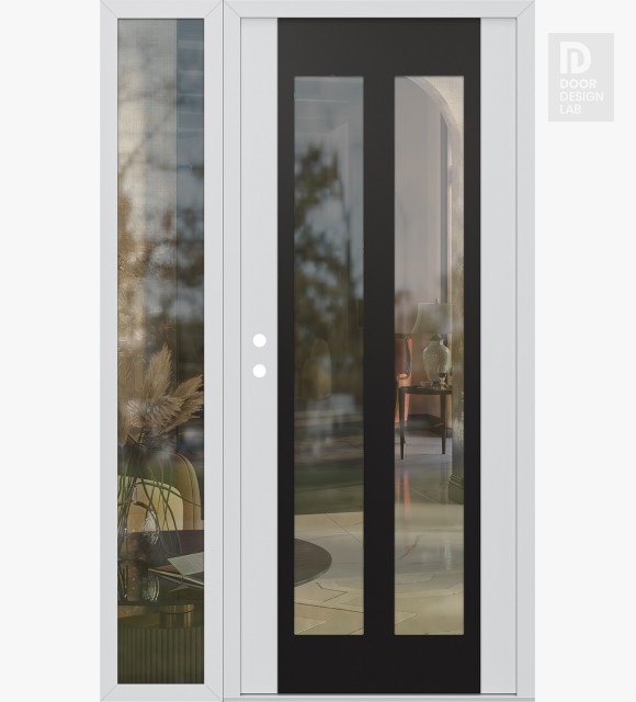 Modern Steel Front Door Diamond C14 50" x 80" white/white clear Glass Panel black RHI with Sidelite clear Glass