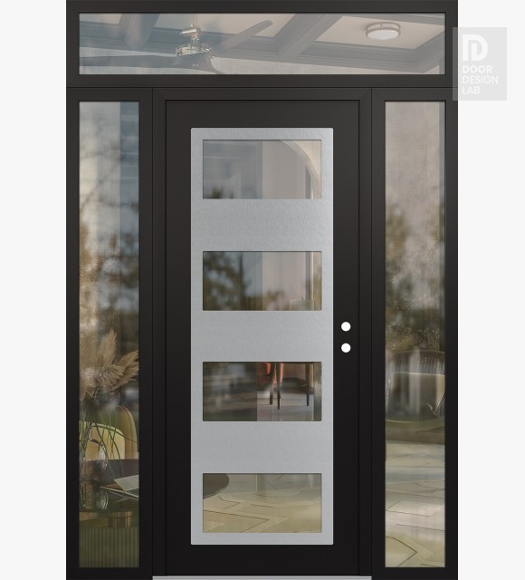 Modern Steel Front Door Diamond C2 64" x 96" black/black clear Glass Panel stainless steel LHI with 2 Sidelites and Transom clear Glass